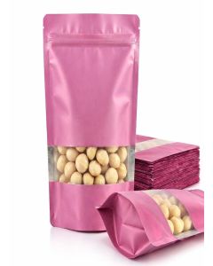 Matte Pink Zip Lock Stand Up Pouches / 16×23.5 cm / 500gm / Pack of 50 / Reusable, Airtight, Leakproof, Self Sealing, Multi-Purpose / Food Storage Transparent Window Polyester Storage Bags