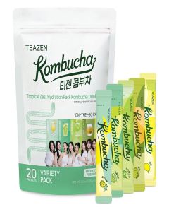 TEAZEN Kombucha Tea Tropical Zest Hydration Variety Pack - 20 Sticks, 5 Flavor (Lemon, Pineapple, Korean Plum, Shine Muscat, Green Mandarin-Lime)