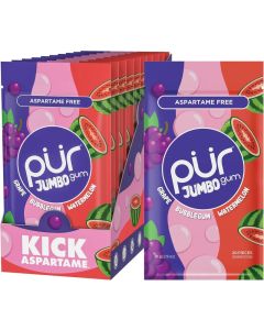 PUR Jumbo Gum - Aspartame Free Chewing Gum with Natural Bubblegum, Grape, and Watermelon Flavors - 20 Pieces (Pack of 10)