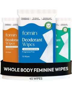 FOMIN Acidified Deodorant Wipes For Women 45 Count Variety Pack Hypoallergenic pH Balanced Whole Body Wipes PlasticFree Exfoliating Advanced Odor Control Underarm Body Wipe