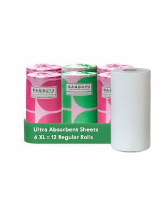 Bambuyu – Bamboo Kitchen Paper Towel / 6 Roll ( 2-ply, 120 sheets) / Eco-Friendly, Plastic-free, Absorbent, Family-safe