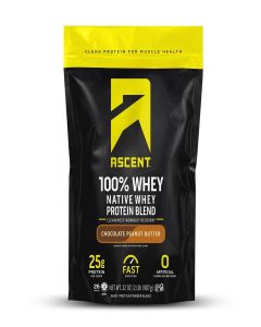 Ascent 100% Whey Protein Powder - Post Workout Whey Protein Isolate, Zero Artificial Flavors & Sweeteners, Gluten Free, 5.7g BCAA, 2.7g Leucine, Essential Amino Acids, Chocolate Peanut Butter 2 lb