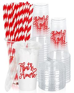 JarThenaAMCS 50Pcs That's Amore Romantic Disposable Cups with Lids Straws Drinking Cup 12oz Red Wedding Plastic Cups for Bachelorette Bridal Shower Party Supplies