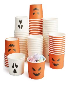 150 Pcs Halloween Treat Snack Cups 8 Oz Disposable Pumpkin Ghost Bowls Spooky Disposable Paper Cup White Orange Paper Cup Dessert Ice Cream Bowls Food Tasting Cups for Halloween Party Supplies