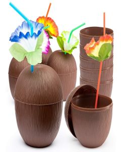 PREXTEX Coconut Cups with Flower Straws & Twist Close Lids (18 Pack, 16oz) for Luau Party Decorations, Pool Parties, Tropical Tiki Parties, Summer, Hawaiian Themed Party Decorations