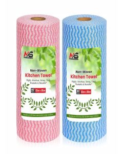 MS ENTERPRISES - So Soft Non-Woven Washable Kitchen Tissue Roll (Reuseble up to 100 times) Soft & Highly absorbent/-2 Rolls - 80 Wipes Per Roll - Total 160 Wipes with FREE Wooden Spatula