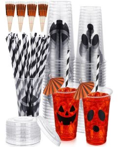 Chengu 50 Set Halloween Disposable Plastic Cups with Lids and Cocktail Paper Umbrella 12oz Pumpkin Face Disposable Cups Jack O Lantern Party Favors Halloween Trick or Treat Party Supplies