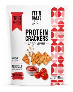 FIT'N BAKES Protein Crackers, Ketchup Flavor (50g Pack) – 18g Plant-Based Protein, Oven-Baked Healthy Snacks, No Added Sugar, Palm Oil Free, Tangy & Savory Crisps for Fitness & Weight Management