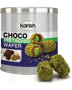 Karish Choco Pistachio Wafer 200g – Crisp Wafer Rolls with Pistachio Cream Center-Premium Chocolate-Coated Snack in Resealable Tin