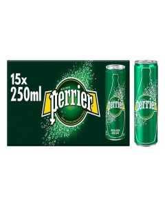 Perrier Carbonated Natural Mineral Water (Pack Of 15) Can 250ml By COUGAR / Refreshing Sparkling Water with Natural Carbonation / Zero Calories, Zero Sugar / Premium French Mineral Water for Everyday Refreshment - (Imported-FRANCE)