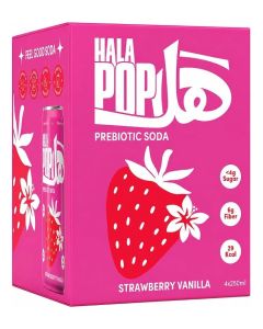 HalaPop Prebiotic Soda, Strawberry Vanilla - An All Natural, Sparkling Prebiotic Beverage With Plant Based Fiber To Support Gut Health And Digestive Wellness / No Added Sugar - 4 Pack (250 ml each)