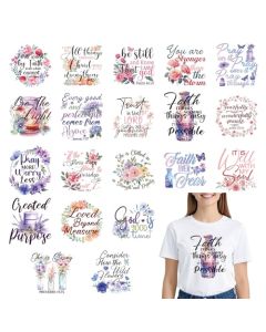 Falueqg Dtf Transfers Ready to Press 20Pcs Christian Bible Verse Iron on Transfer for Tshirts Inspirational Quotes Iron on Decals Patches Floral Heat Trasnefer for DIY Clothes Bags Hats Pillows