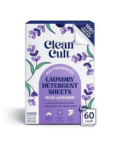 Cleancult Laundry Detergent Sheets Resealable Box 3 Stain Fighting Enzymes Wild Lavender 60 Loads Free of Harsh Chemicals No Mess No Plastic Waste