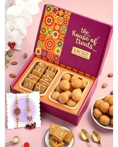 HYPERFOODS House Of Treats Rakhi For Brother And Bhabhi With Sweets Bhaiya Bhabhi Rakhi Set With Sweets Rakhi With Sweets Gift Sweets With Rakhi Channa Barfi Kachori Flower Petal Bhai Bhabhi Rakhi Set