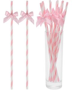 DISWALE 140 Pcs Pink Paper Straws, Bow Disposable Striped Drinking Straws Bulk for Pink Theme Birthday, Wedding, Baby Shower, Bachelorette Party Cake Decorations