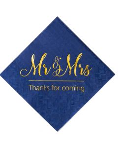Crisky Wedding Napkins Mr Mrs Bule Gold Cocktail Beverage Dessert Napkins for Wedding Shower Engagement Party Decorations 100 Pcs 3Ply
