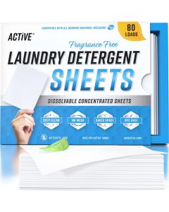 ACTIVE Laundry Detergent Sheets Eco Washing Strips 80 Loads Free Clear Liquidless Clothes Washer Sheet Zero Waste Travel Laundry Strip Dissolvable Space Saving Sheets For HE Fragrance Free
