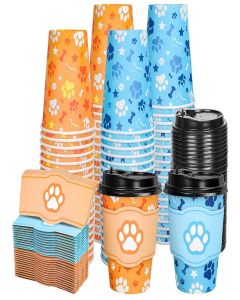 JarThenaAMCS 50Pcs Birthday Dog Paw Disposable Coffee Cup with Lids and Sleeves 12Oz Blue Orange Paw Themed Paper Drinking Cups for Puppy Pet Baby Shower Party Supplies