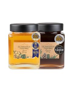 Le Souffle d'Adore Honey Gift Set / 100% Pure Natural Honey, Acacia & Forest Mountain, Award-Winning, 2 x 250g Glass Jars