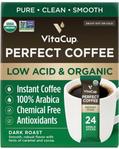 VitaCup Perfect Low Acid Instant Coffee Packets - Dark Roast, USDA Organic, 24 Count
