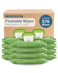 McKesson Flushable* Adult Wet Wipes – 576 Wipes (12 Pack of 48) – Aloe & Vitamin E, Plant-Based Cleansing Wipes, Unscented