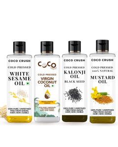 COCO CRUSH Combo of Virgin Coconut Oil White Sesame Oil Mustard Oil Kalonji Black Seed Oil ColdPressed 100 Natural For Body Hair Massage 4 100ml 400ml