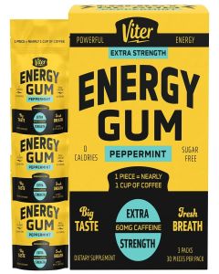 Viter Energy 60mg Caffeine Gum (Peppermint Flavor, 30 Pieces, 3 Pack) - Sugar Free, Vitamin B3, B6, B9, B12, Zero Calories, Caffeinated Energy Chews, Nootropic Focus Supplement for Men & Women