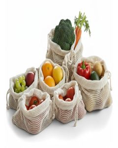 Cotton Net Vegetable & Fruit Storage Bags / Pack of 6 / Reusable Washable Grocery Mesh Bags with Strong Drawstring