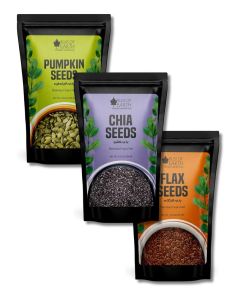 Raw Chia, Flax & Dehulled Pumpkin Seeds Combo for Weight Loss, Plant-Based Seeds for Eating, High Protein Superfood Seed Mix for Tea, Smoothies & Salad, Omega-3 & Fiber Rich – 200g Each