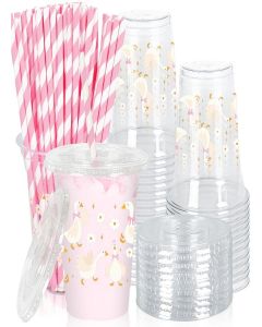JarThenaAMCS 50Pcs One Silly Goose Plastic Cups with Lids Straws Pink Bow Goose Flower Disposable Cup 12oz Drinking Cup for Birthday Baby Shower Supplies