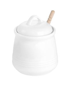 HAOTOP Ceramic Honey pot with Lid and Honey DipperPorcelain Honey Jar Easy to Clean and Dishwasher Safe12oz White