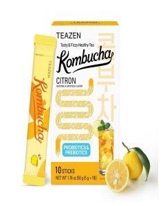TEAZEN Kombucha Citron Powder Drink Mix, Sugar Free, Halal Certified, Non-Alcoholic, Low Calorie Probiotic Tea with Prebiotic Fiber, 10 Sachets (50g)