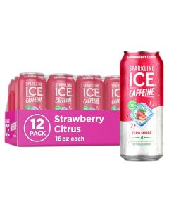 Sparkling Ice Caffeine Strawberry Citrus Sparkling Water with Caffeine Zero Sugar with Antioxidants and Vitamins16 fl oz Cans Pack Of 12