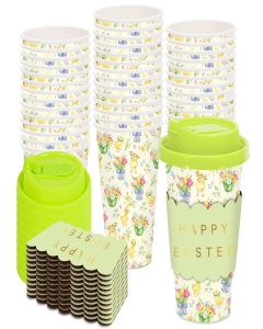 JarThenaAMCS 50 Set Easter Disposable Coffee Cups with Lids Gold Foil Sleeves Paper Cup Green Yellow Chick Duck Floral Drinking Cups for Easter Spring Party Supplies