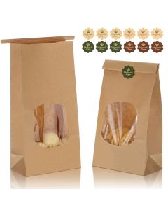 Tenare 50 Pieces Bakery Bags with Window 354 x 236 x 669 inch Kraft Paper Bags Tin Tie Tab Lock and 60 Pieces Lovely Handmade Label Seal Stickers Window for Coffee Cookie TreatBrown
