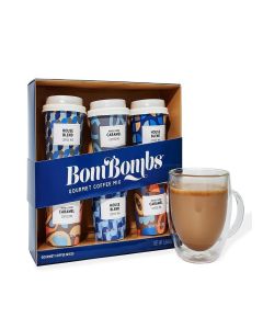 BomBombs Coffee Mix Gourmet Gift Set in Mini Cup Packaging, Includes 6 Instant Coffees in House Blend and Caramel Flavors, Small Coffee Sampler Gift Basket for Coffee Lovers