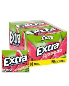 EXTRA Gum Sweet Watermelon Sugarfree Bulk Individually Wrapped Long Lasting Fruit Gum Watermelon Flavor Perfect for Fresh Breath at School Work Travel 15 Count Pack of 10