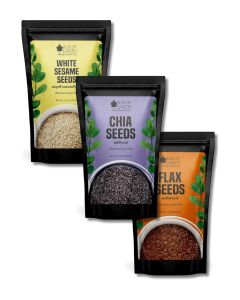 Raw Chia, Flax & White Sesame Seeds Combo for Weight Loss, Plant-Based Seeds for Eating, High Protein Superfood Seed Mix for Smoothies, Salad & Baking, Omega & Calcium Rich – 200g Each