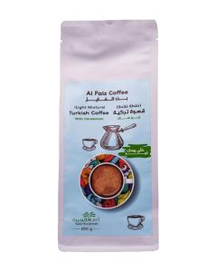 Tamr Wa Qhwah Al Faiz Light Turkish Coffee 250g - Authentic Middle Eastern Ground Coffee - Bold Aromatic Blend - Rich Smooth Taste for Turkish Coffee Lovers - (With Cardamom)