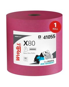 WypAll PowerClean X80 Cloths Heavy Duty Wipes 41055 Jumbo Extended Use Towels Red 1 Roll of 455 Sheets 455 Sheet Total
