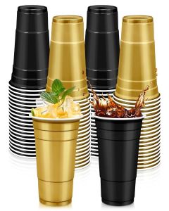 LANLISA 100Pcs Black and Gold Plastic Cups, 16 oz Disposable Cups For Birthday Party, Graduation Decorations, New Years Eve