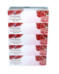 Galaxy Phoenix Facial Tissue 2 Ply x 5 Soft Tissues Boxes 150 Sheets / Ultra-Soft, Hypoallergenic, 21x22cm / Strong, Gentle, Fragrance-Free, Ideal for Home, Office & Travel