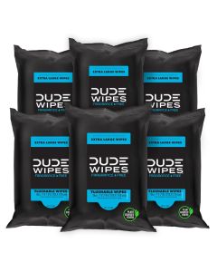 DUDE Wipes Flushable Wipes Travel Pack 6 Pack 108 Count Extra Large Unscented with Vitamin E Aloe Septic and Sewer Safe
