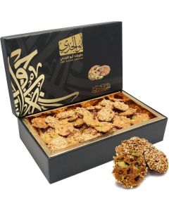 Abu Al Jedi 500g Barazek - Premium Arabic Cookies with Sesame and Pistachio – Traditional Middle Eastern Biscuit Gift Box for Eid, Ramadan – Barazek and Baklawa Treats