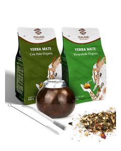 Yerba Mate Bundle with Straw Gourd & Brush Organic Hot & Cold Tea Gluten Free Improving Energy and Immune System