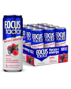 Focus Factor Energy Drink 12 x 355ml Cans Berry Flavour with Focus Energy Lightly Carbonated Sugar Free Low Calorie with Vitamins B6 B12