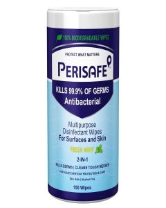 PERISAFE Multipurpose Disinfectant Wipes For Surfaces & Skin-100 Wipes / 100% Biodegradable / Antibacterial / 2-IN-1- Kills Germs & Cleans Tough Messes / Fresh Mint