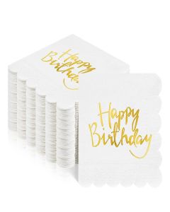 100 Happy Birthday Napkins - Disposable Scalloped Gold Foil Birthday Cocktail Napkins, 3-Ply Golden and White Dinner Paper Napkin for Men Women Birthdays Party Decorative Supplies (Gold)