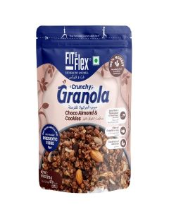 FIT & FLEX Baked Crunchy Granola / Chocolate Cookies & Almond / Oat Rich Cereal with High Protein and Fibre / Ready to Eat Healthy Granola for Breakfast / Chocolate Snacks