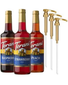 Torani Strawberry Peach and Raspberry Syrup for Drinks Variety 3Pack Flavoring for Iced Tea Lemonade and Sodas Pumps Included 254 Oz Ea